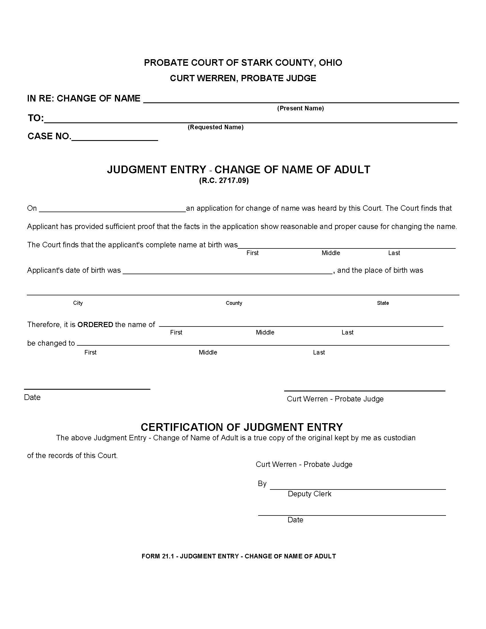 Judgment Entry Change Of Name Of Adult {21.1} | Pdf Fpdf Doc Docx | Ohio