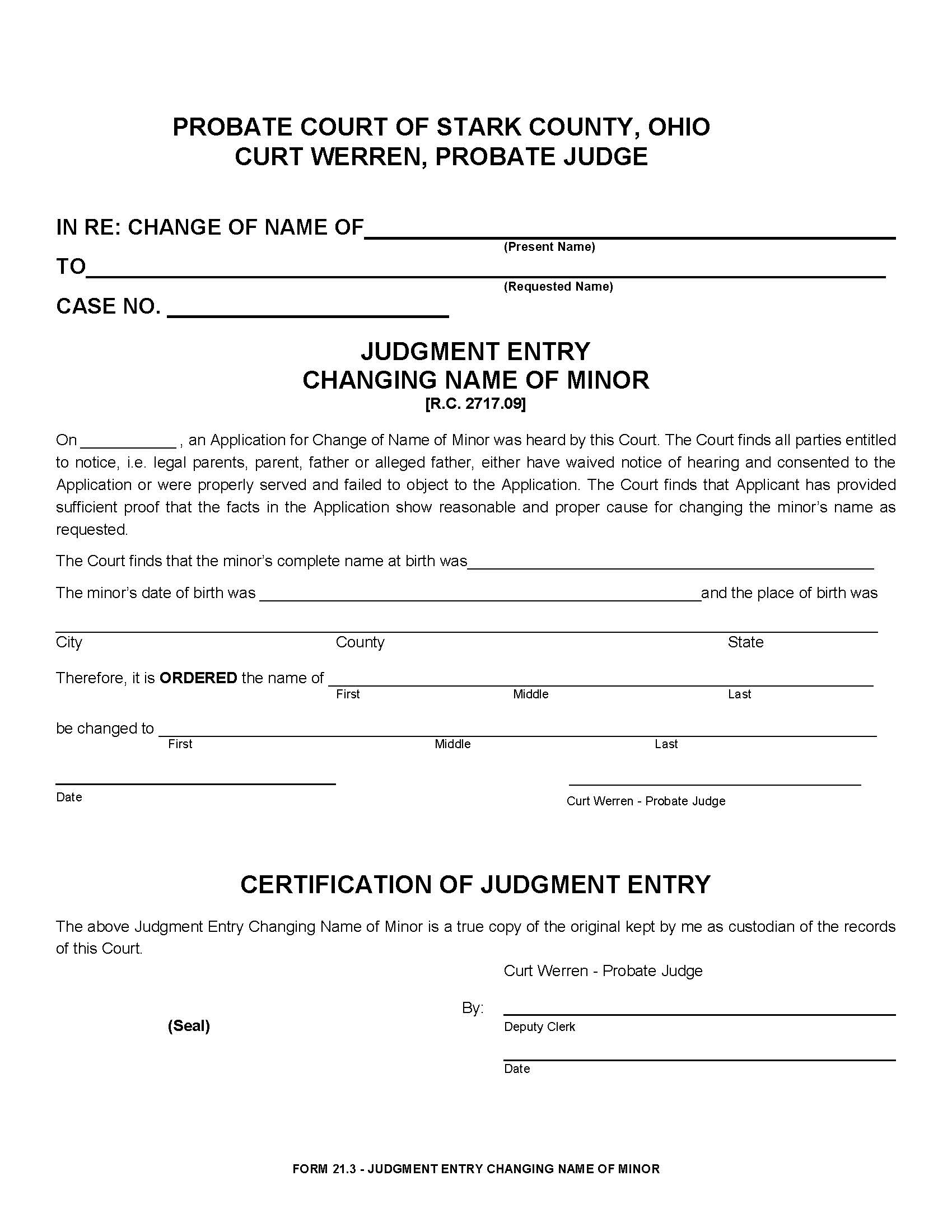 Judgment Entry Change Of Name Of Minor {21.3} | Pdf Fpdf Doc Docx | Ohio