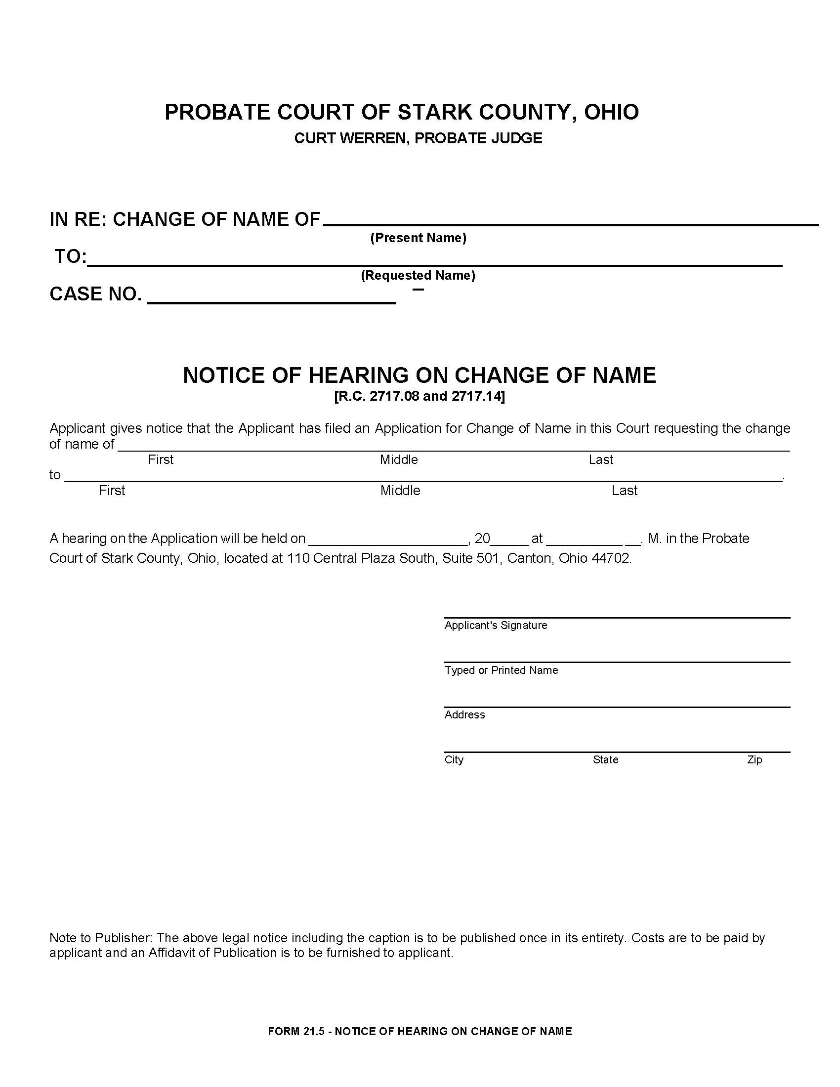 Notice Of Hearing On Change Of Name {21.5} | Pdf Fpdf Doc Docx | Ohio