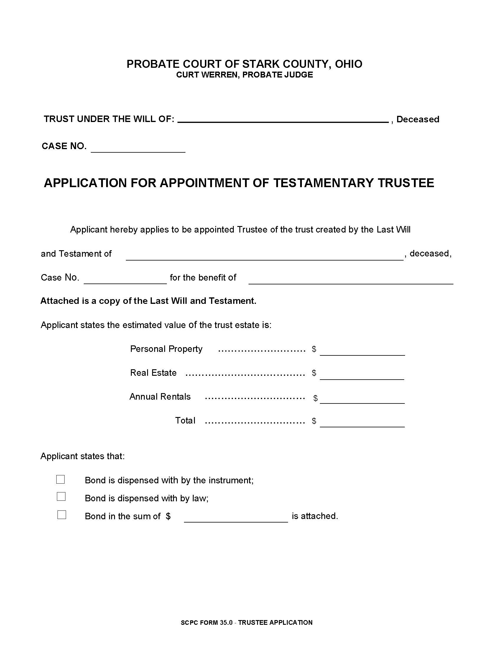 Application For Appointment Of Testamentary Trustee {35.0} | Pdf Fpdf Doc Docx | Ohio
