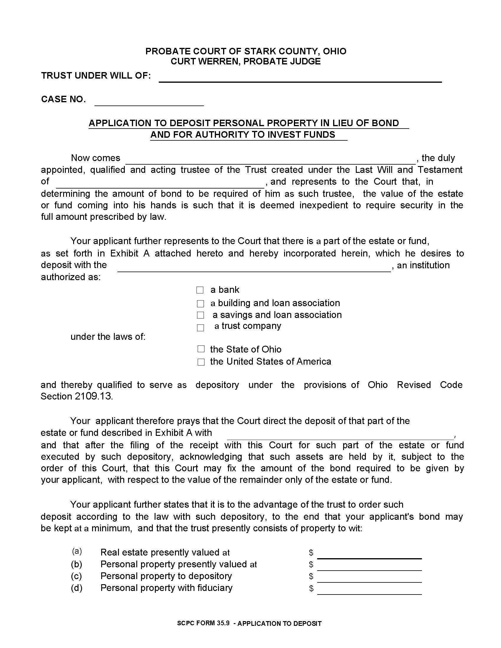 Application To Deposit Personal Property In Lieu Of Bond {35.9} | Pdf Fpdf Doc Docx | Ohio