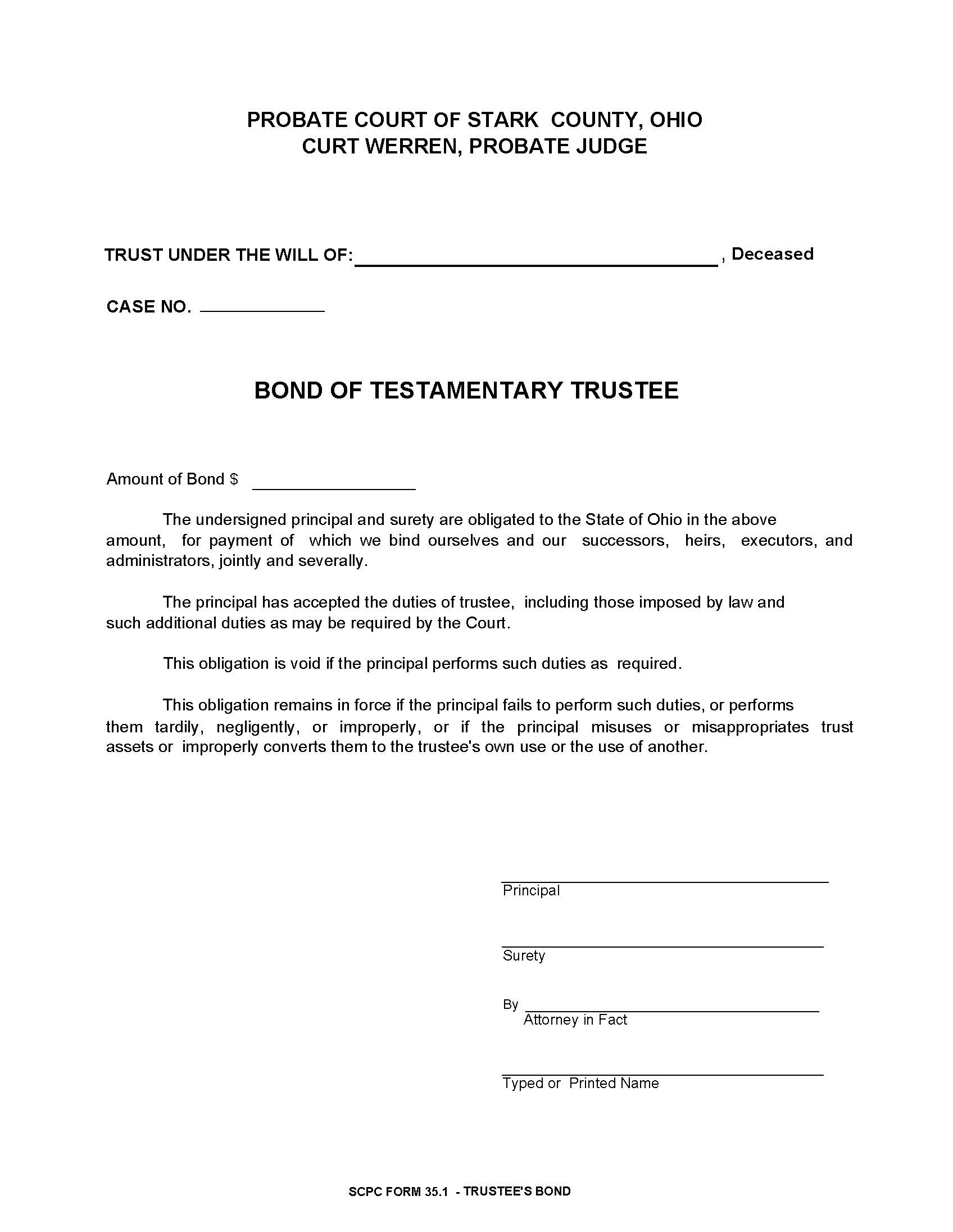 Bond Of Testamentary Trustee {35.1} | Pdf Fpdf Doc Docx | Ohio