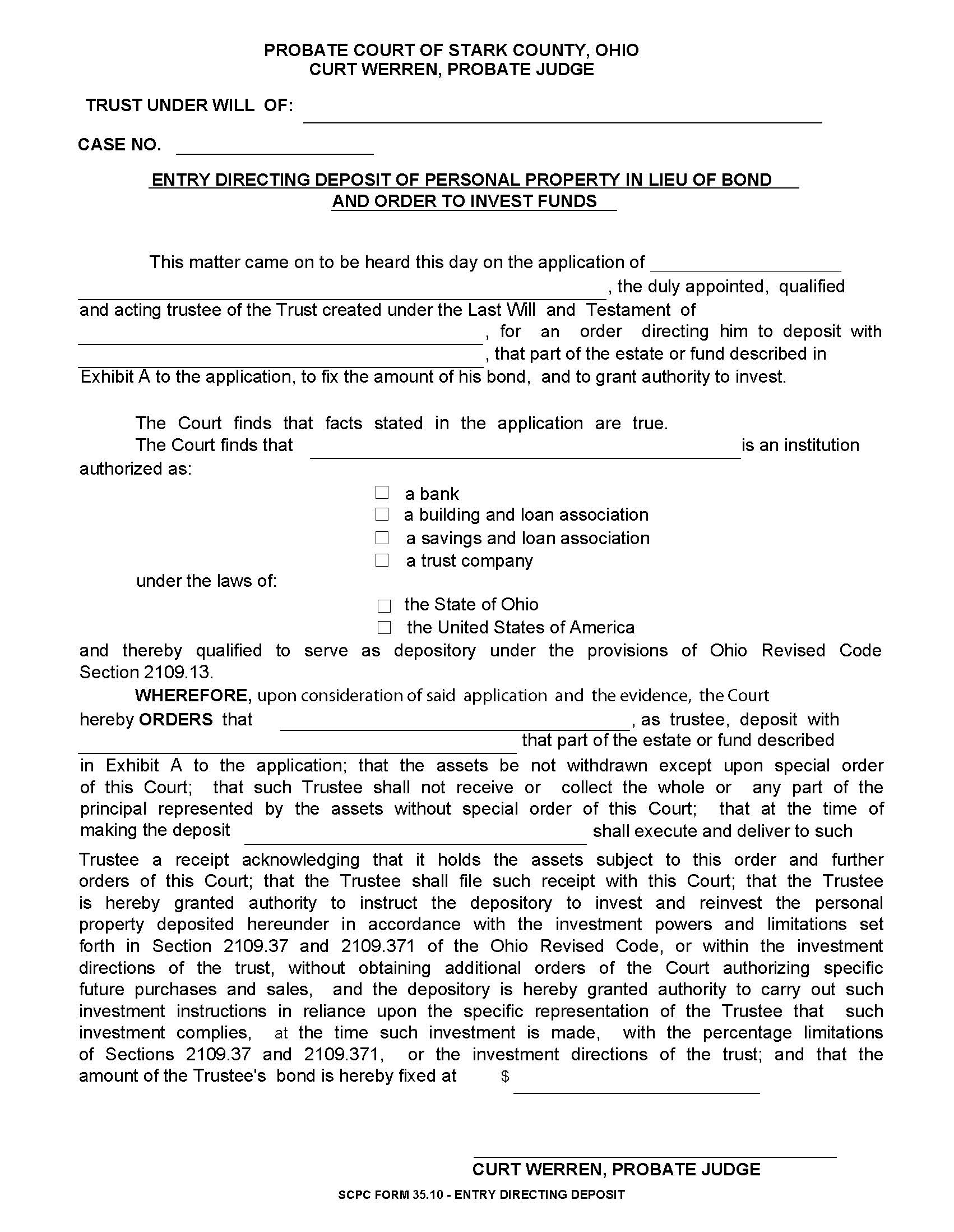 Entry Directing Deposit Of Personal Property In Lieu Of Bond {35.10} | Pdf Fpdf Doc Docx | Ohio