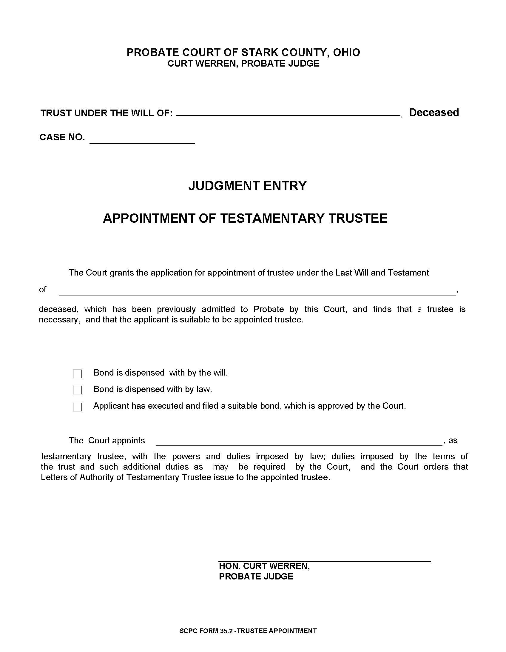 Judgment Entry Appointment Of Testamentary Trustee {35.2} | Pdf Fpdf Doc Docx | Ohio