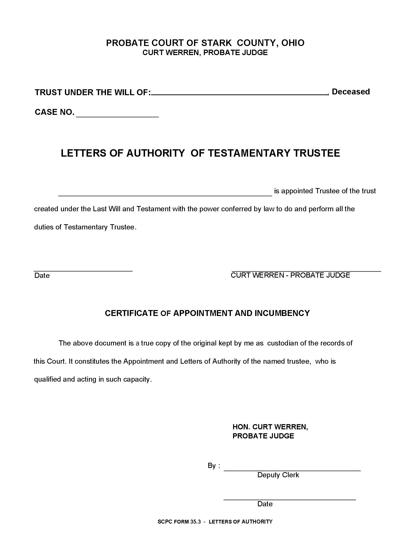 Letters Of Authority Of Testamentary Trustee {35.3} | Pdf Fpdf Doc Docx | Ohio