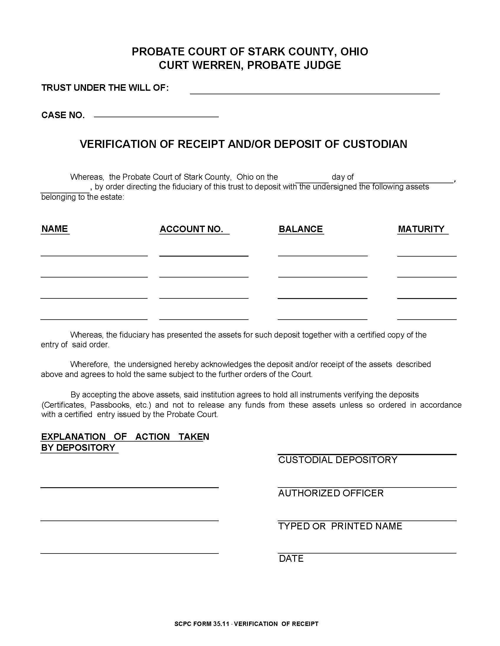 Verification Of Receipt And Or Deposit Of Custodian {35.11} | Pdf Fpdf Doc Docx | Ohio