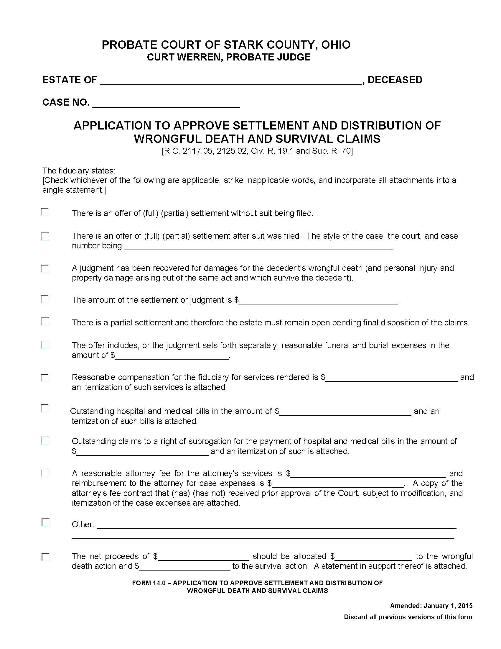 Application To Approve Settlement And Distribution Of Wrongful Death And Survival Claims {14.0} | Pdf Fpdf Doc Docx | Ohio