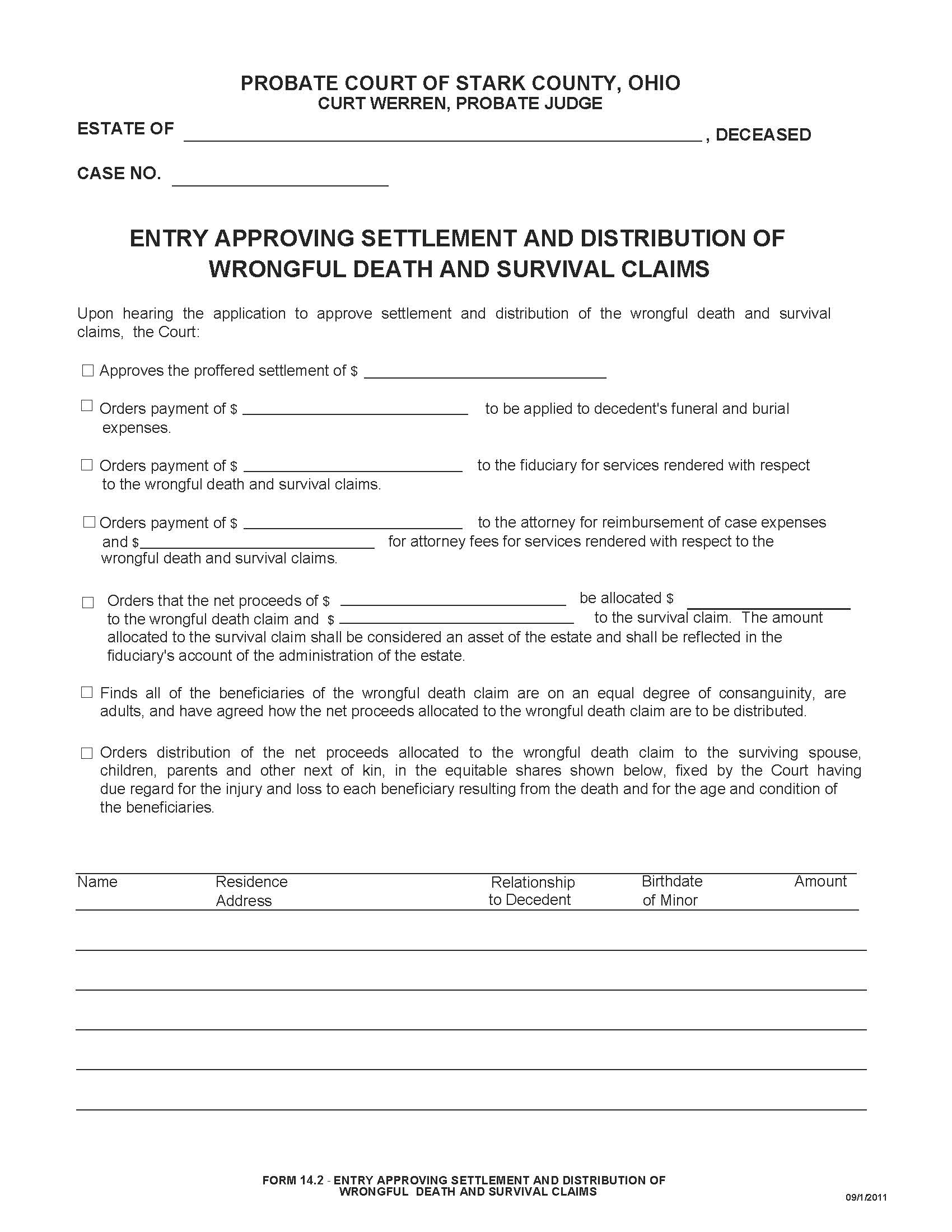 Entry Approving Settlement And Distribution Of Wrongful Death And Survival Claims {14.2} | Pdf Fpdf Doc Docx | Ohio