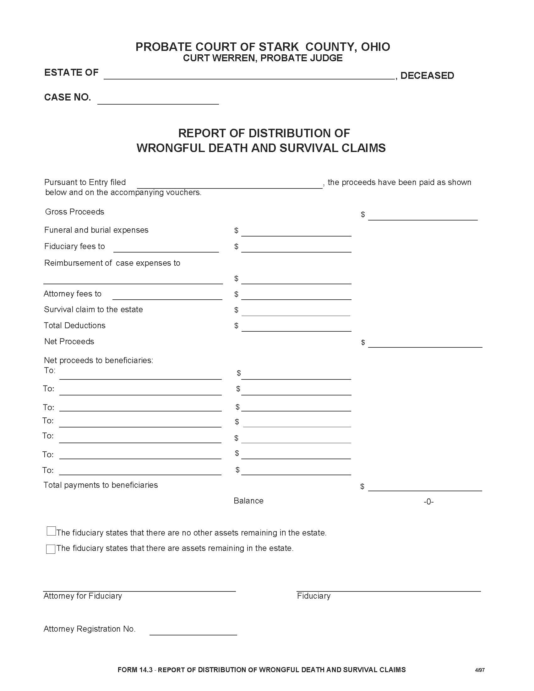 Report Of Distribution Of Wrongful Death And Survival Claims {14.3} | Pdf Fpdf Doc Docx | Ohio
