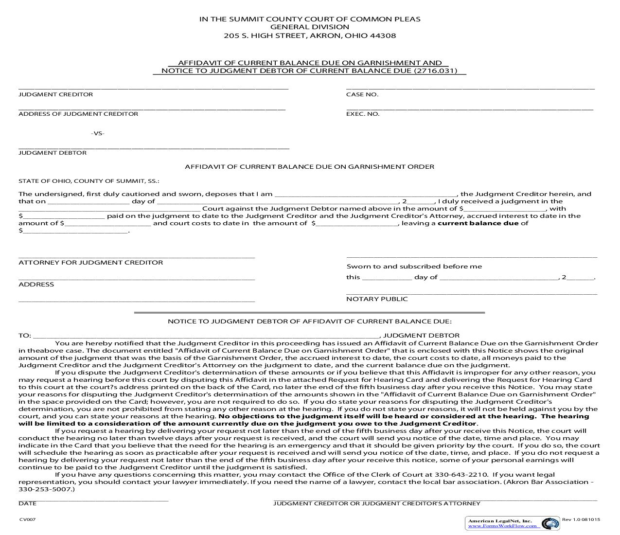 Affidavit Of Current Balance Due On Garnishmnet And Notice To Judgment Debtor Of Current Balance Due | Pdf Fpdf Doc Docx | Ohio