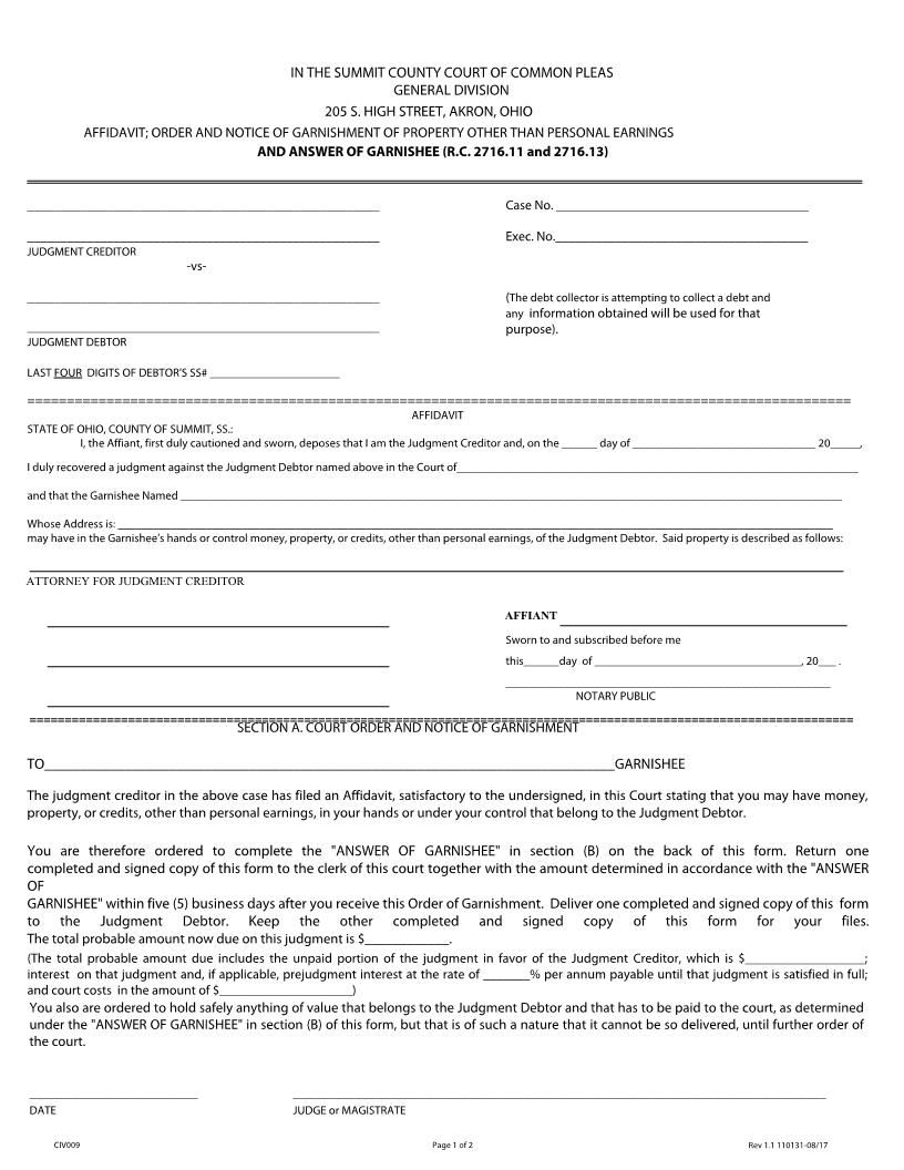 Affidavit Order And Notice Of Garnishment Of Property Other Than Personal Earnings | Pdf Fpdf Doc Docx | Ohio