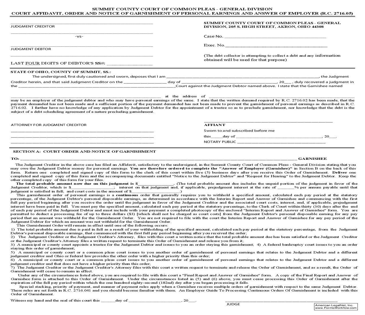 Court Affidavit Order And Notice Of Garnishment Of Personal Earnings And Answer Of Employer | Pdf Fpdf Doc Docx | Ohio