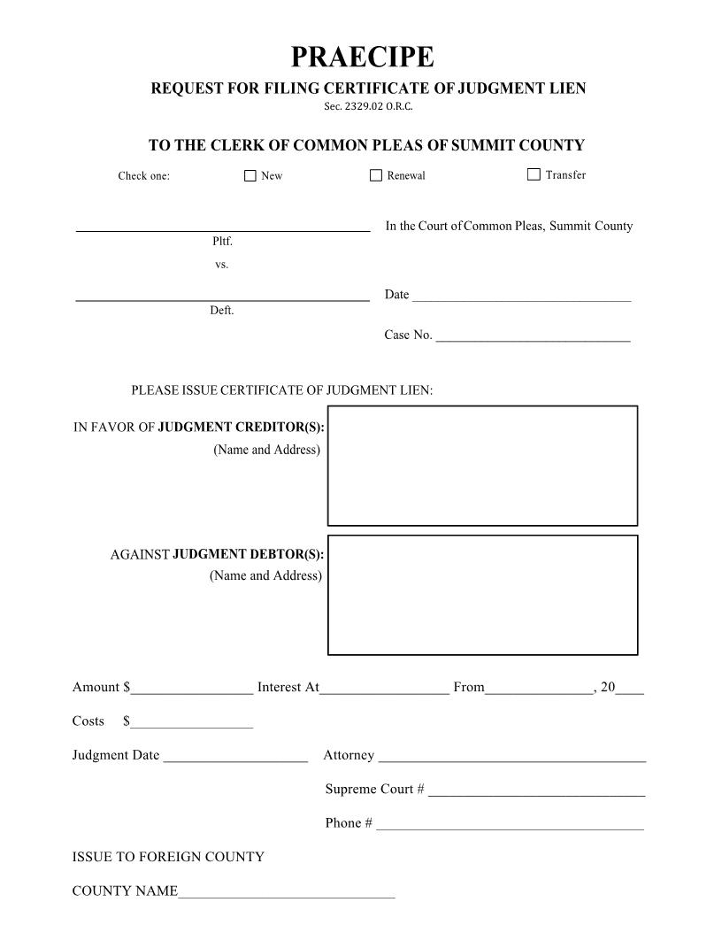 Praecipe Request For Filing Certificate Of Judgment Lien | Pdf Fpdf Doc Docx | Ohio