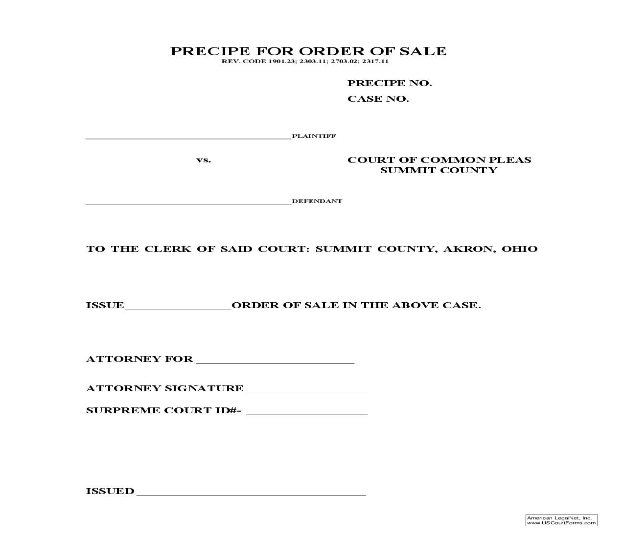 Precipe For Order Of Sale | Pdf Fpdf Doc Docx | Ohio