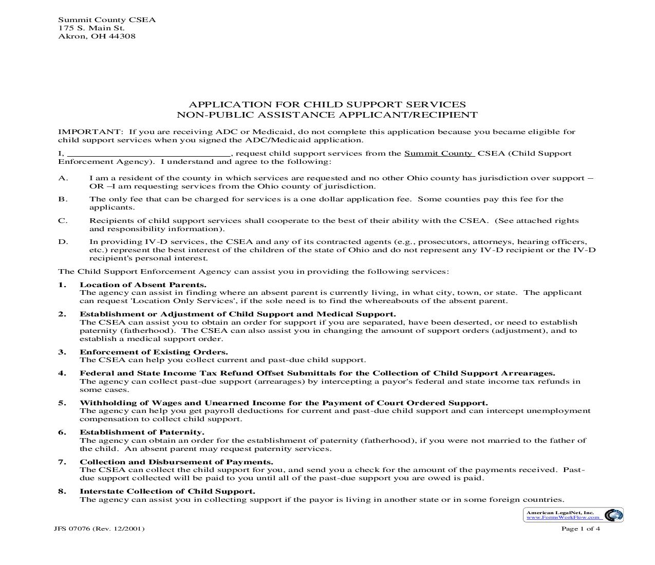 Application For Child Support Services Non-Public Assistance Applicant {7076} | Pdf Fpdf Doc Docx | Ohio