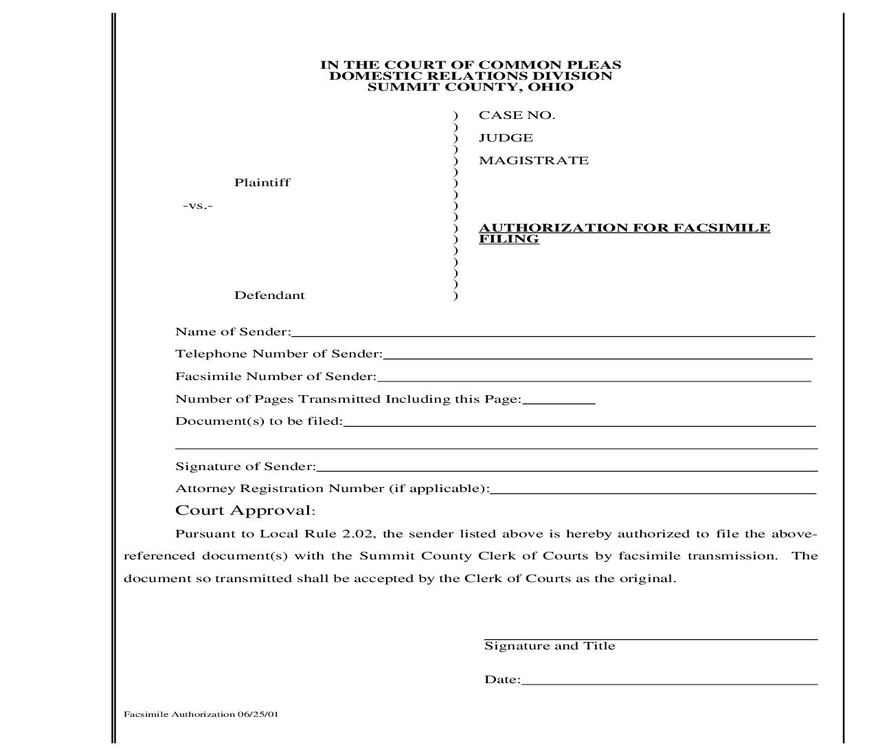 Authorization For Facsimile Filing | Pdf Fpdf Doc Docx | Ohio