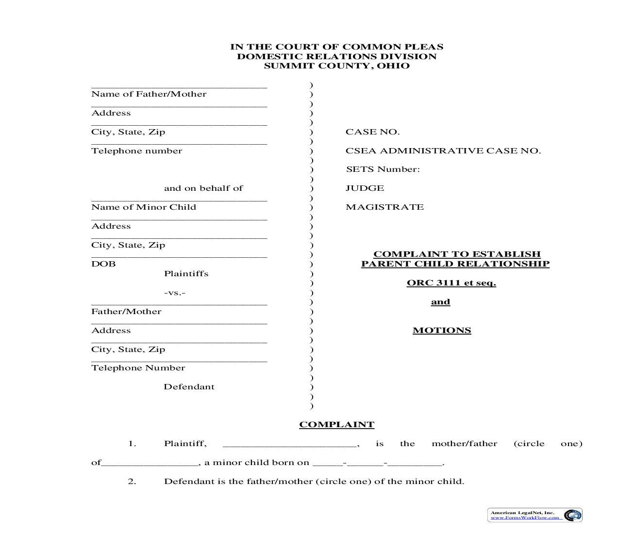 Complaint To Establish Parent Child Relationship And Motions | Pdf Fpdf Doc Docx | Ohio
