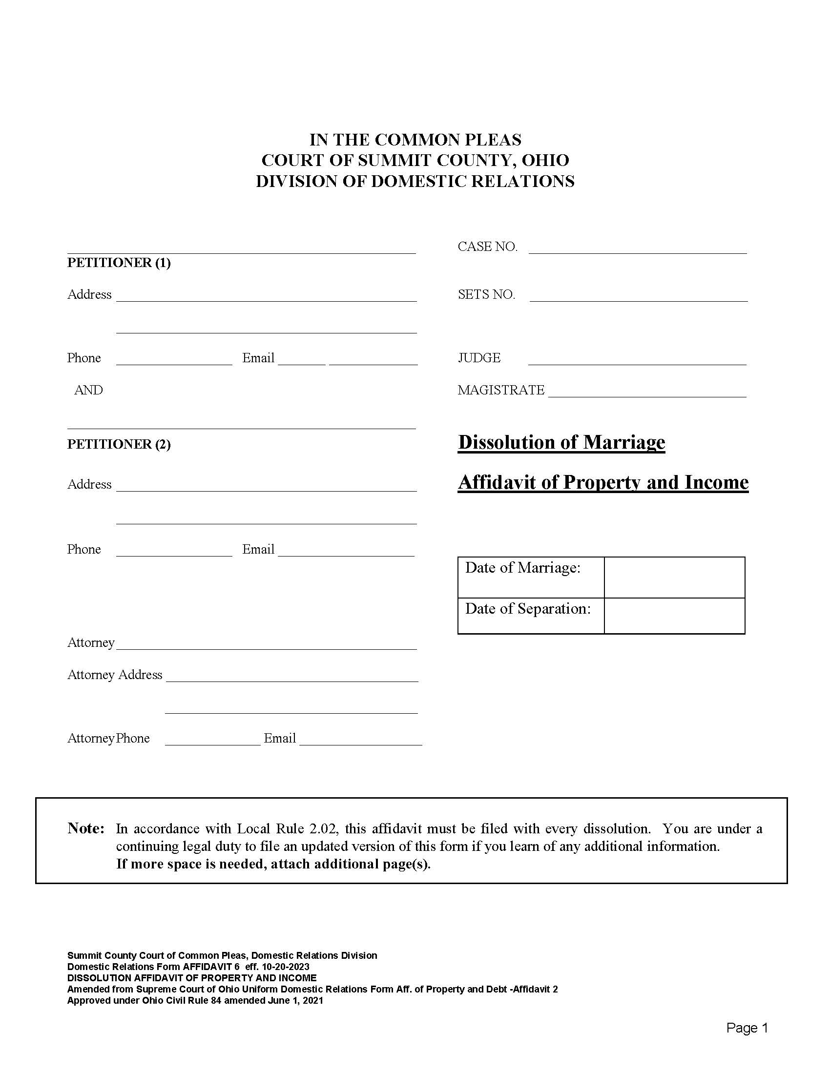 Dissolution Affidavit Of Property And Income | Pdf Fpdf Doc Docx | Ohio