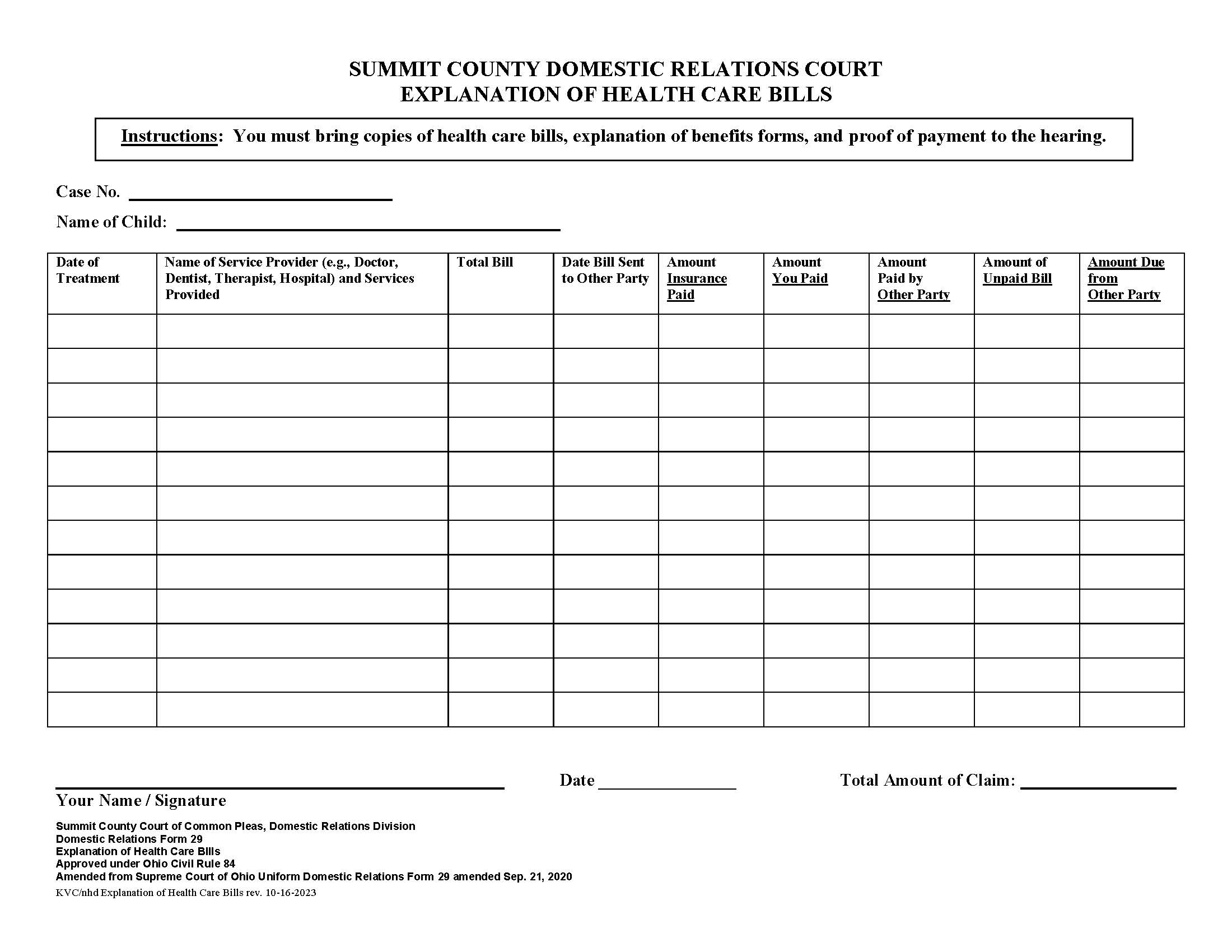 Explanation Of Medical Bills Form {29} | Pdf Fpdf Doc Docx | Ohio