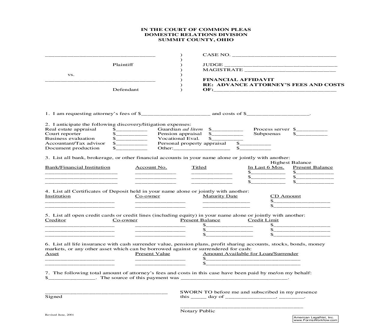Financial Affidavit Re Advance Attorneys Fees And Costs | Pdf Fpdf Doc Docx | Ohio