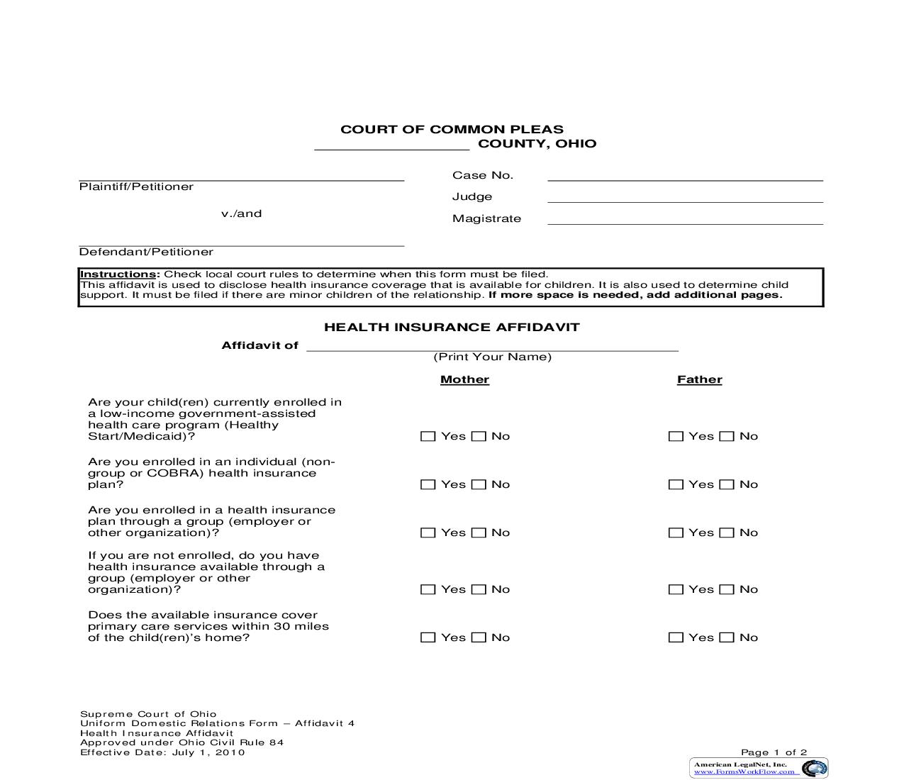 Health Insurance Affidavit | Pdf Fpdf Doc Docx | Ohio