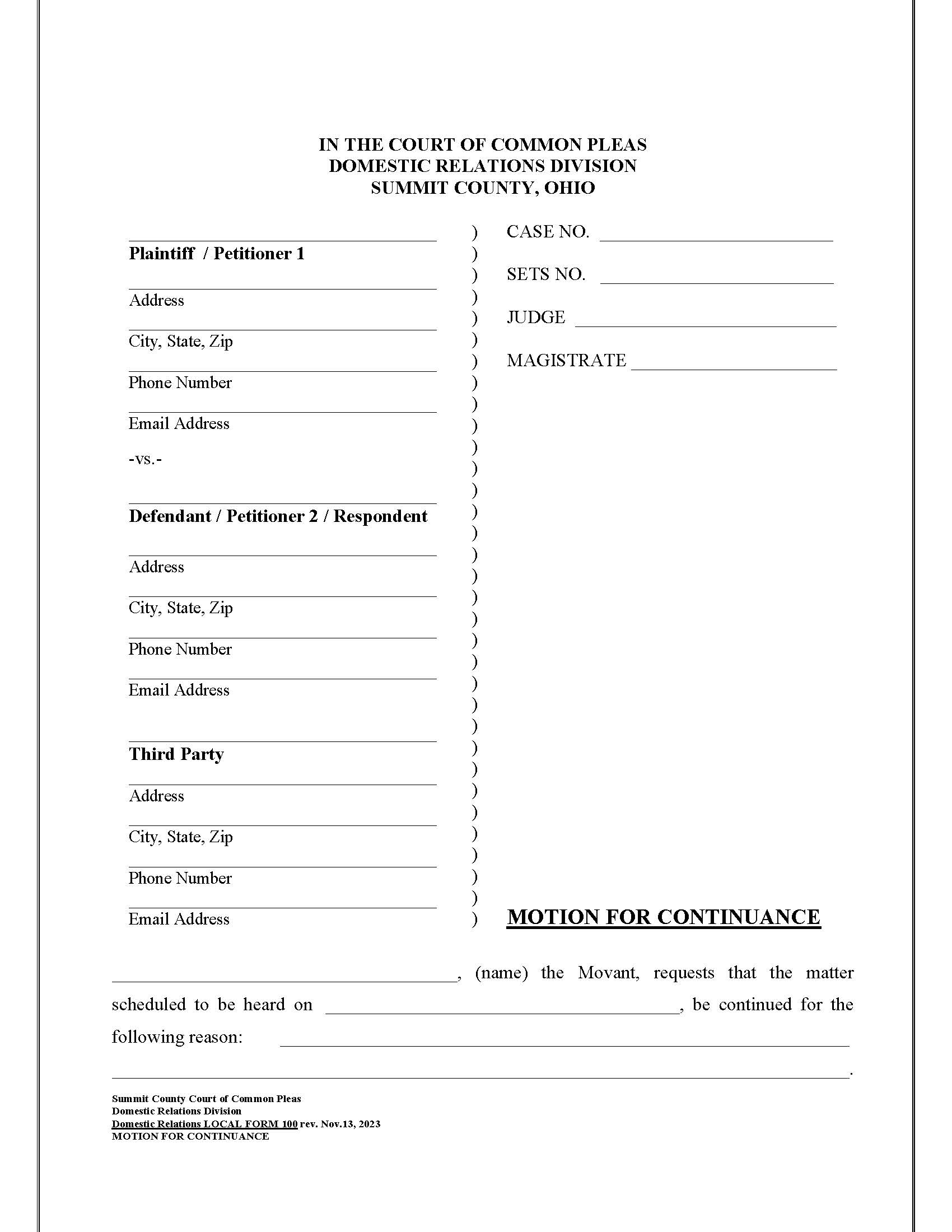 Motion And Order For Continuance {100} | Pdf Fpdf Doc Docx | Ohio