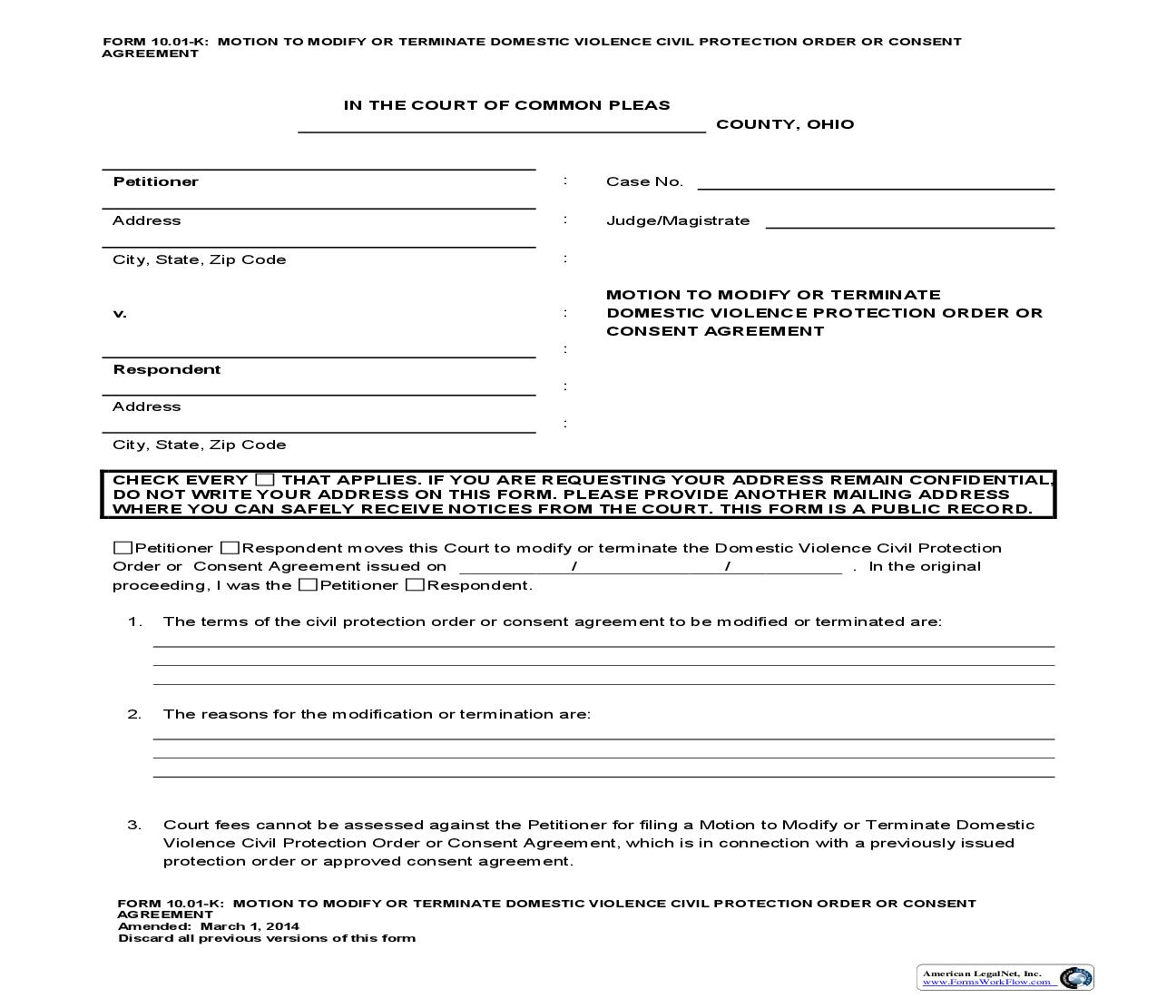 Motion To Modify  To Modify Or Terminate Domestic Violence Civil Protection Order | Pdf Fpdf Doc Docx | Ohio