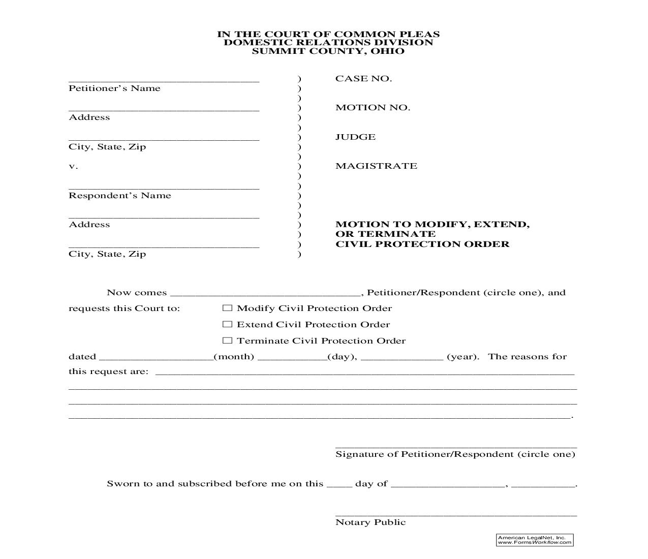 Motion To Modify Extend Or Dismiss Civil Protection Order | Pdf Fpdf Doc Docx | Ohio