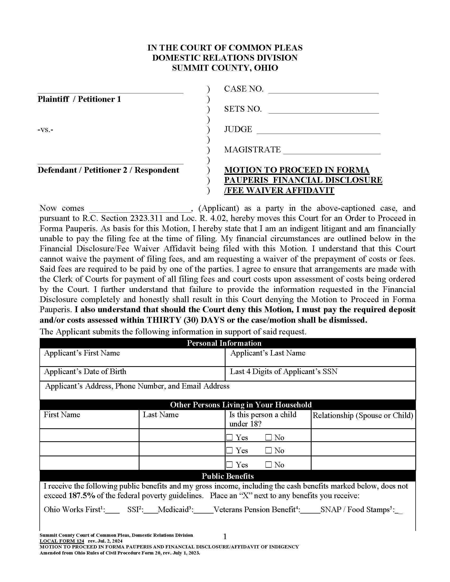 Motion To Proceed In Forma Pauperis {124} | Pdf Fpdf Doc Docx | Ohio