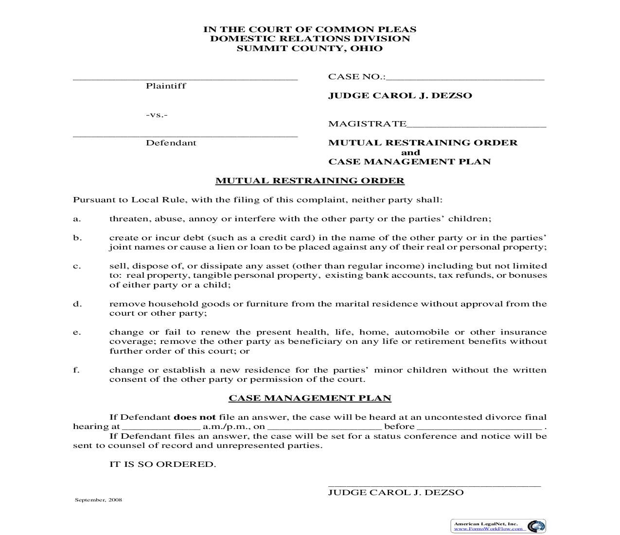 Mutual Restraining Order (Judge Carol J Dezso) | Pdf Fpdf Doc Docx | Ohio