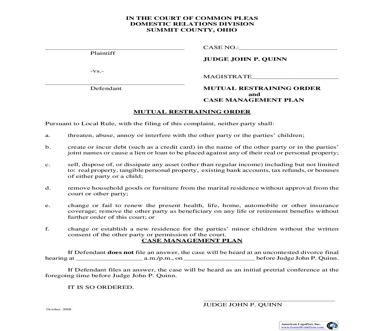 Mutual Restraining Order (Judge John P Quinn) | Pdf Fpdf Doc Docx | Ohio