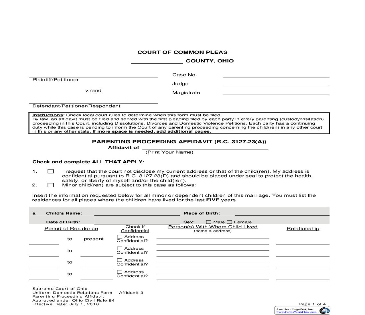 Parenting Proceeding Affidavit | Pdf Fpdf Doc Docx | Ohio