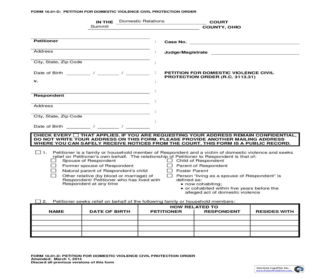 Petition For Domestic Violence Civil Protection Order {10.01-D} | Pdf Fpdf Doc Docx | Ohio