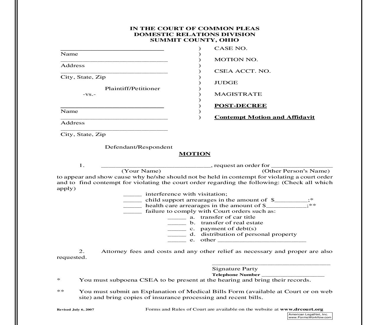 Post Decree Contempt Motion And Affidavit | Pdf Fpdf Doc Docx | Ohio