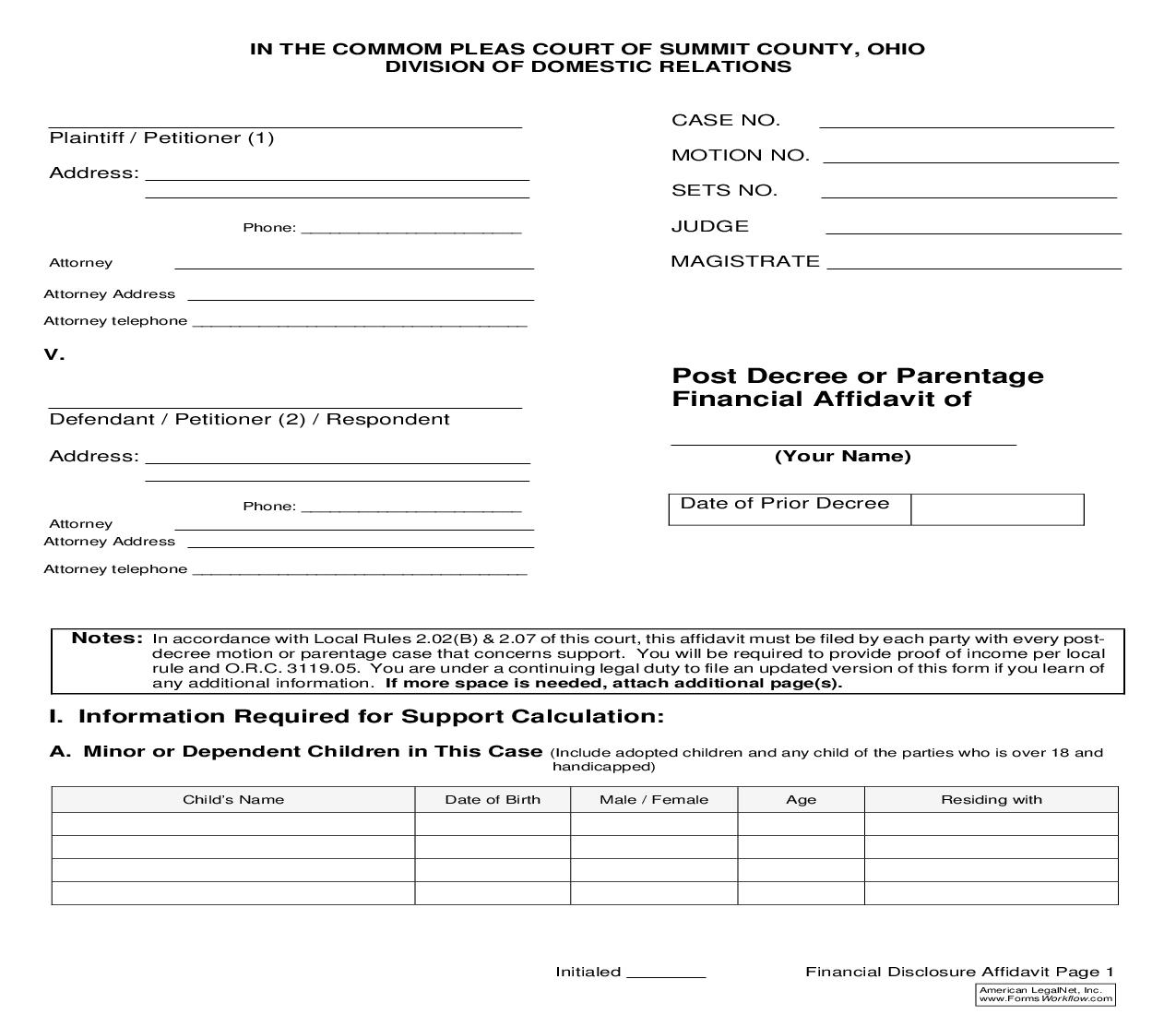 Post Decree Or Parentage Financial Affidavit Of | Pdf Fpdf Doc Docx | Ohio