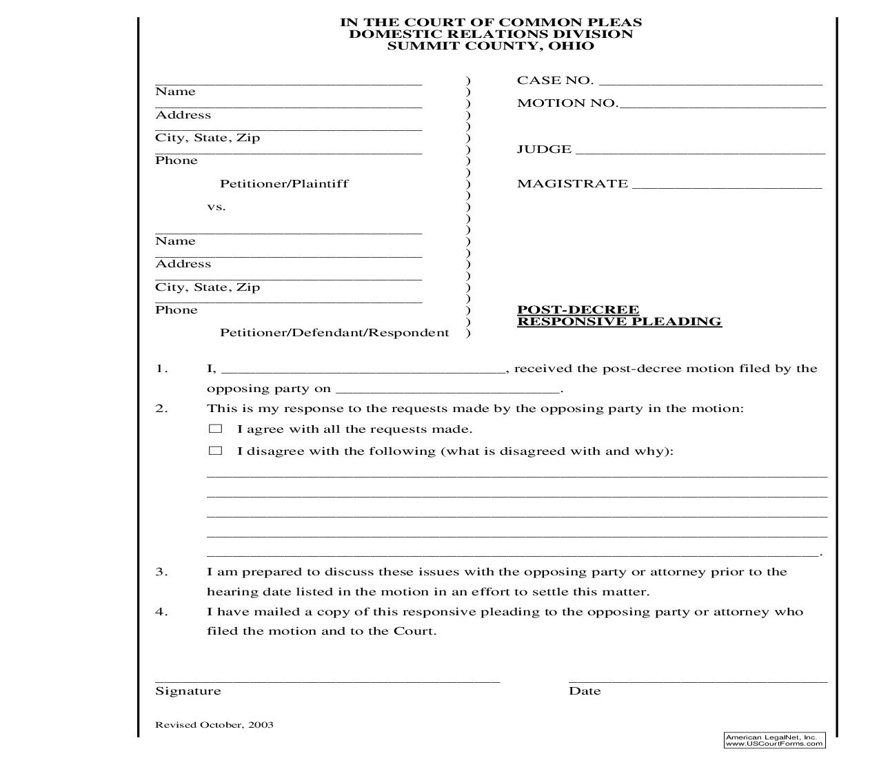 Post Decree Responsive Pleading | Pdf Fpdf Doc Docx | Ohio