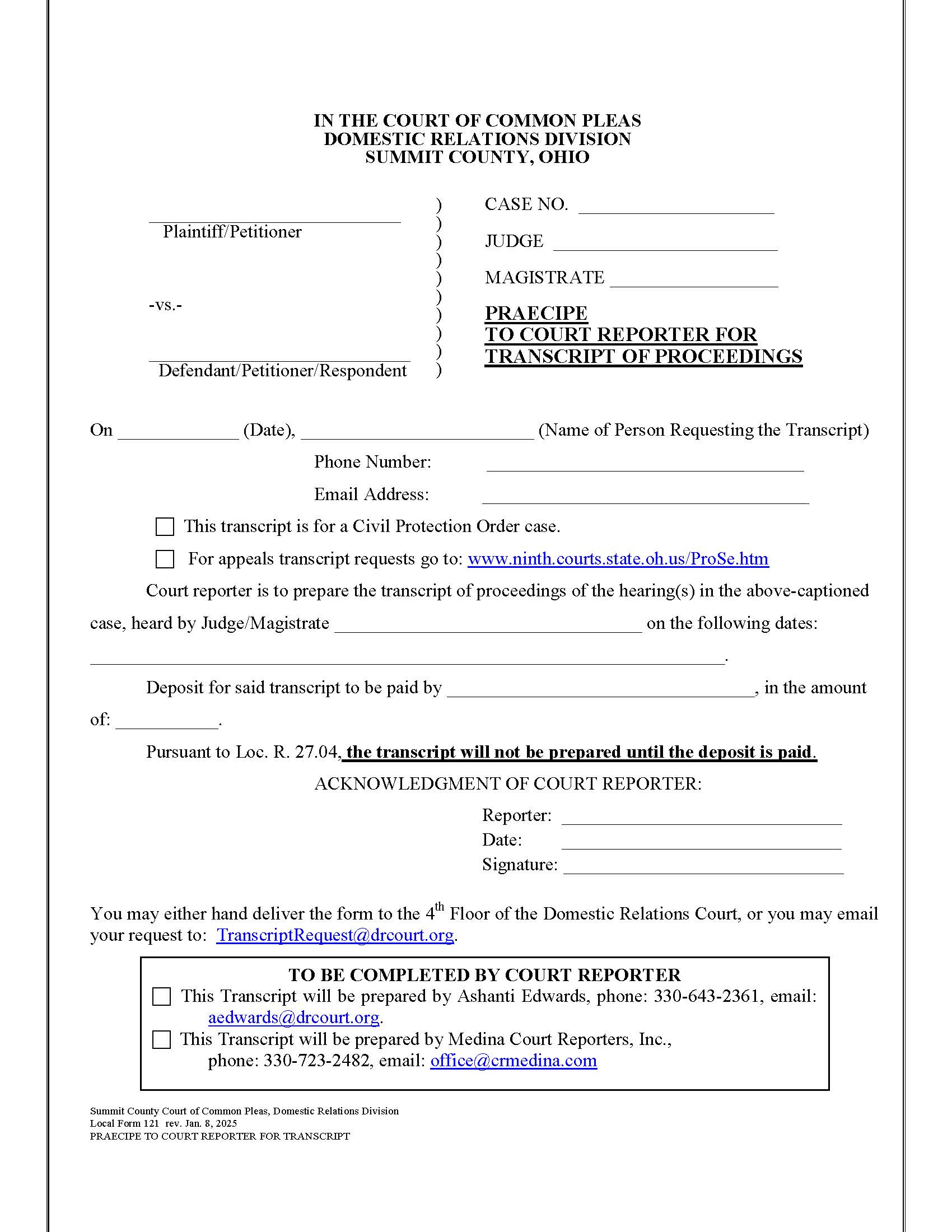 Praecipe To Court Reporter For Transcript Of Proceedings {121} | Pdf Fpdf Doc Docx | Ohio