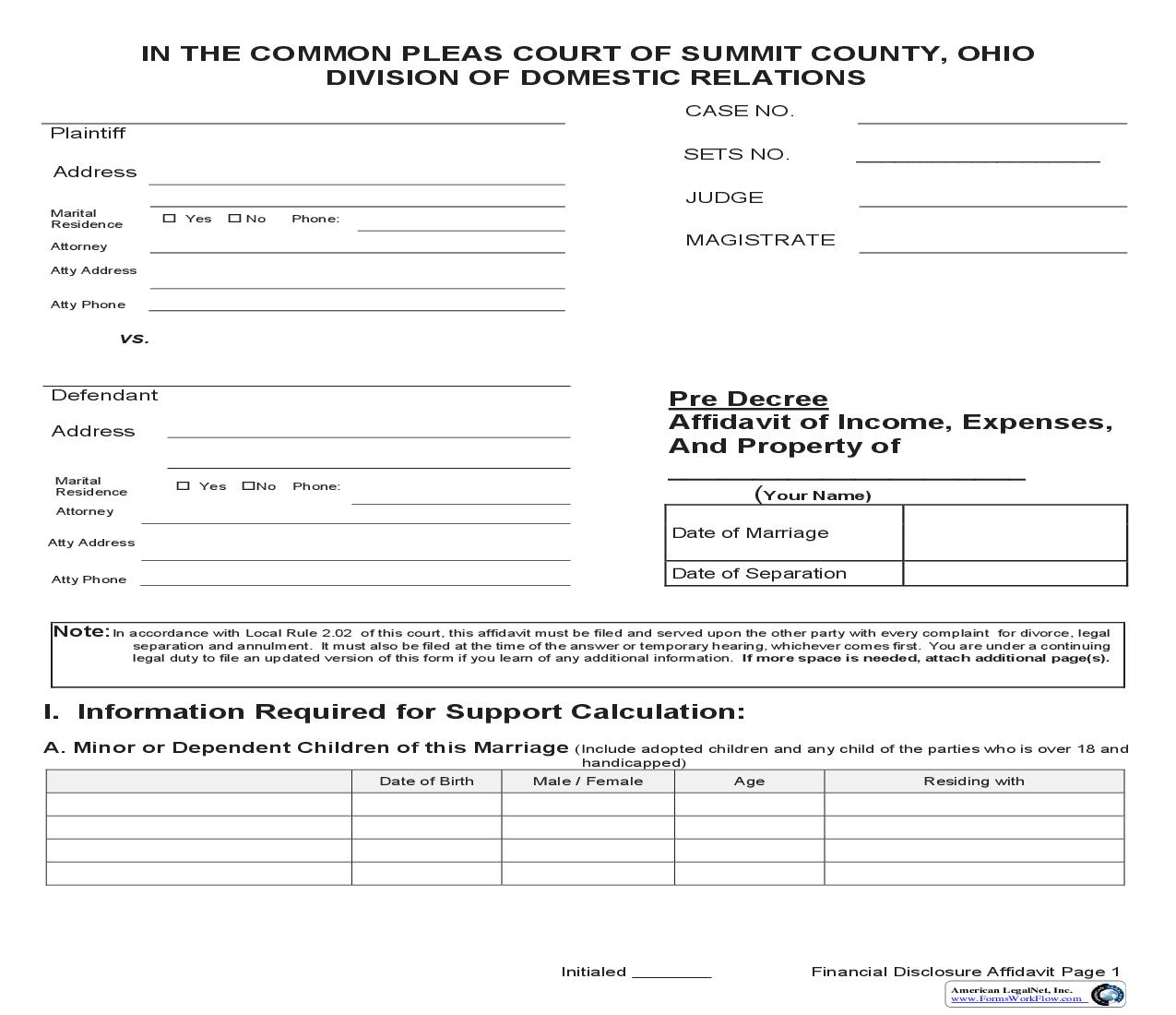 Pre Decree Affidavit Of Income Expenses And Property Of | Pdf Fpdf Doc Docx | Ohio