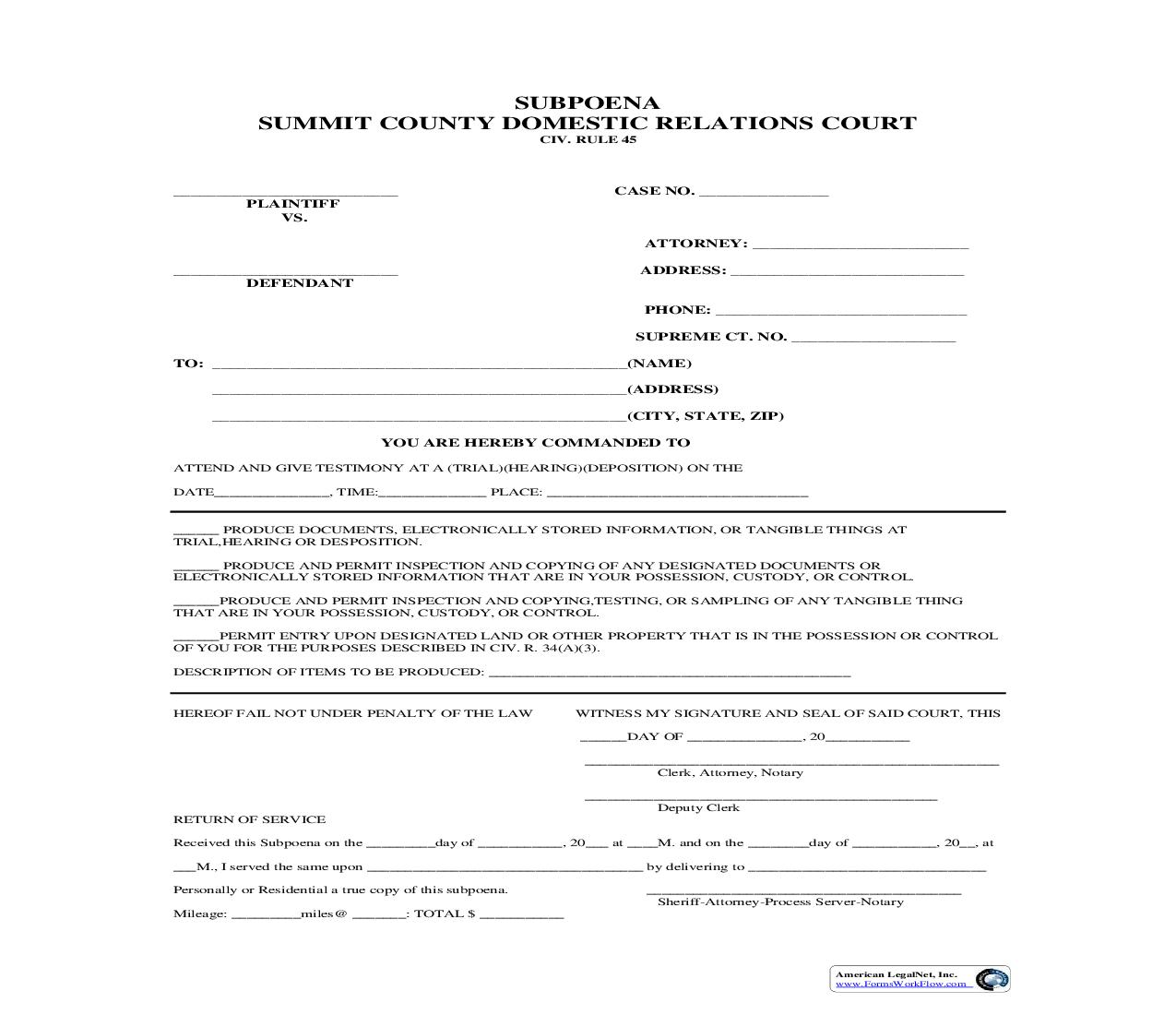 Subpoena (Domestic Case) | Pdf Fpdf Doc Docx | Ohio