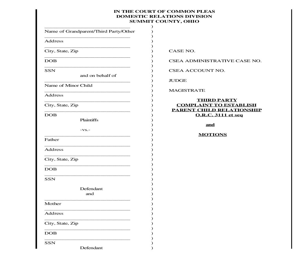 Third Party Complaint To Establish Parent Child Relationship | Pdf Fpdf Doc Docx | Ohio
