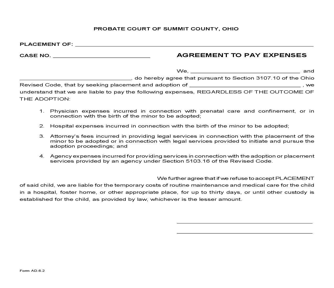 Agreement To Pay Expenses {AD-6.2} | Pdf Fpdf Doc Docx | Ohio