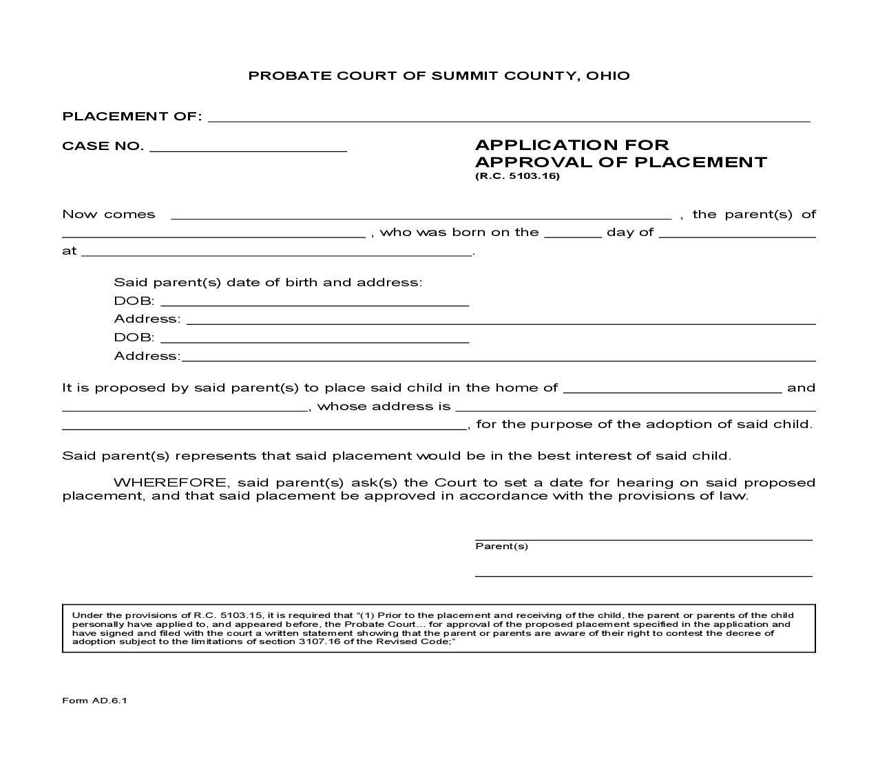 Application For Approval Of Placement {AD-6.1} | Pdf Fpdf Doc Docx | Ohio
