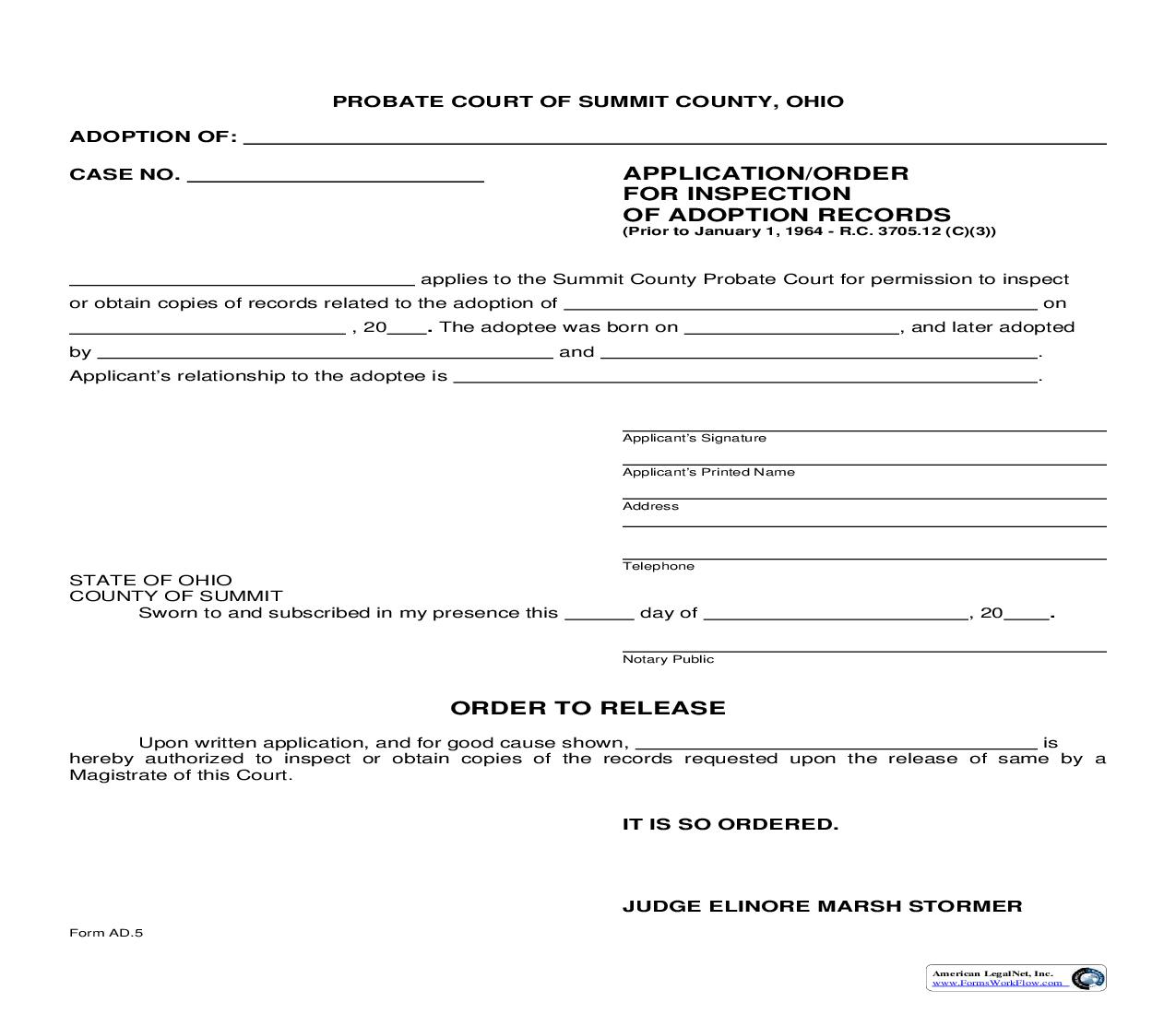 Application Order For Inspection Of Adoption Records {AD-5} | Pdf Fpdf Doc Docx | Ohio