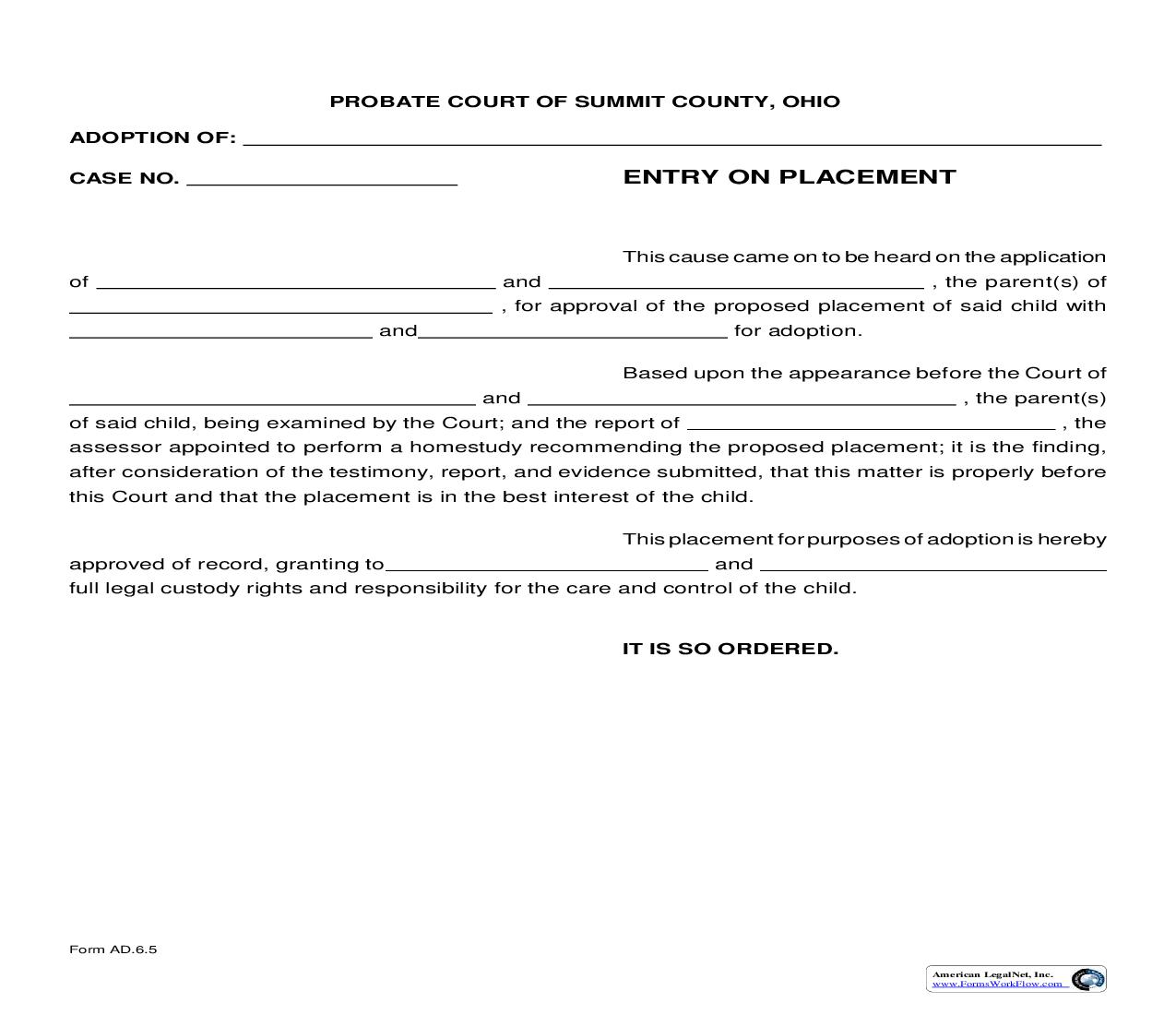 Entry On Placement {AD-6.5} | Pdf Fpdf Doc Docx | Ohio