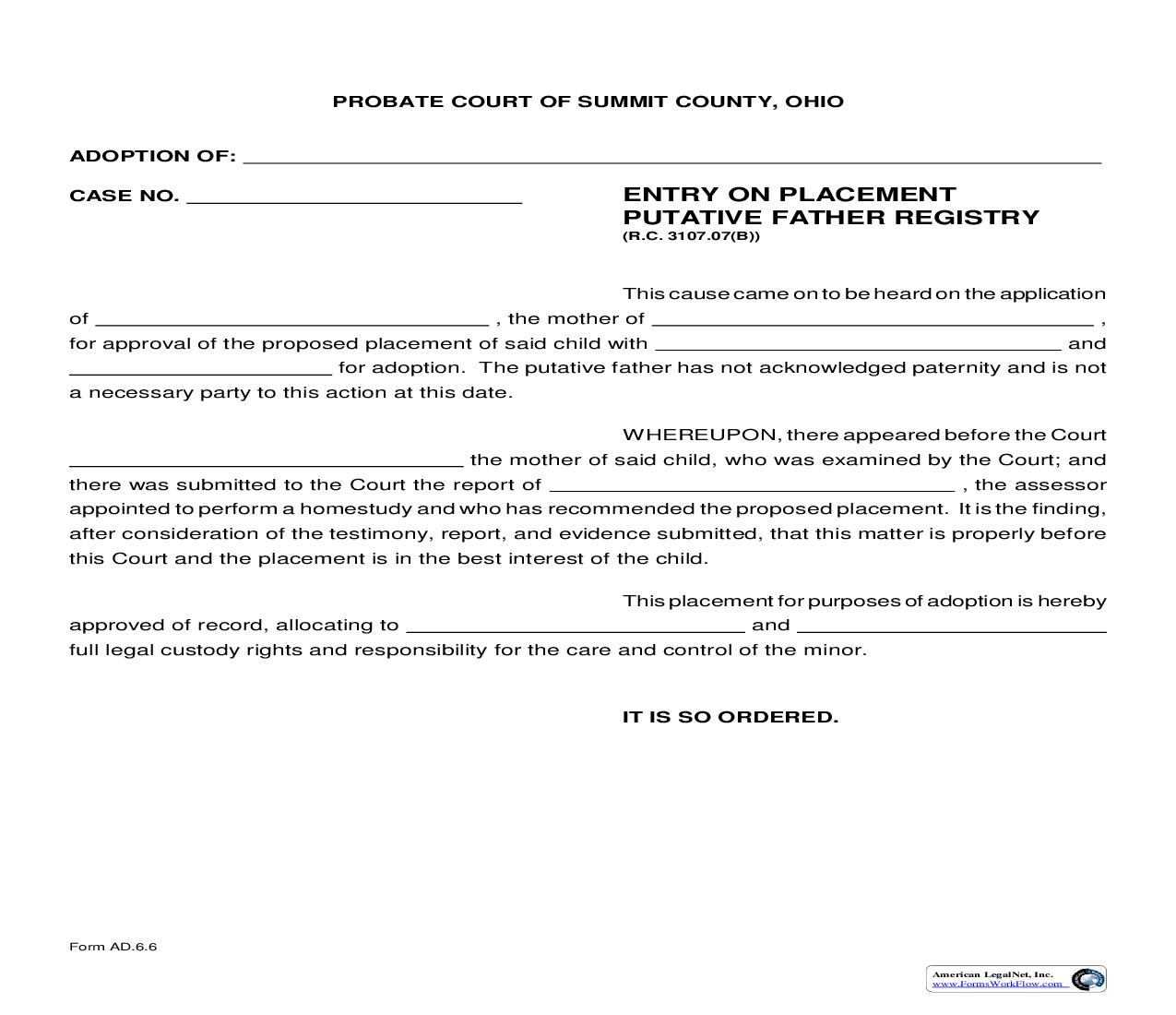 Entry On Placement Putative Father Registry {AD-6.6} | Pdf Fpdf Doc Docx | Ohio