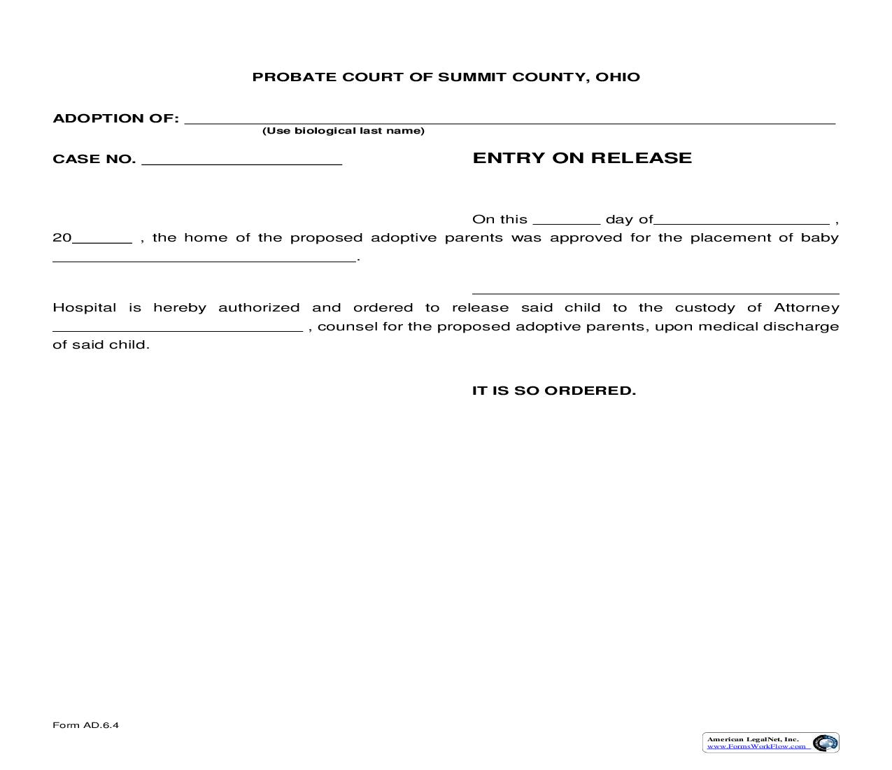 Entry On Release {AD-6.4} | Pdf Fpdf Doc Docx | Ohio