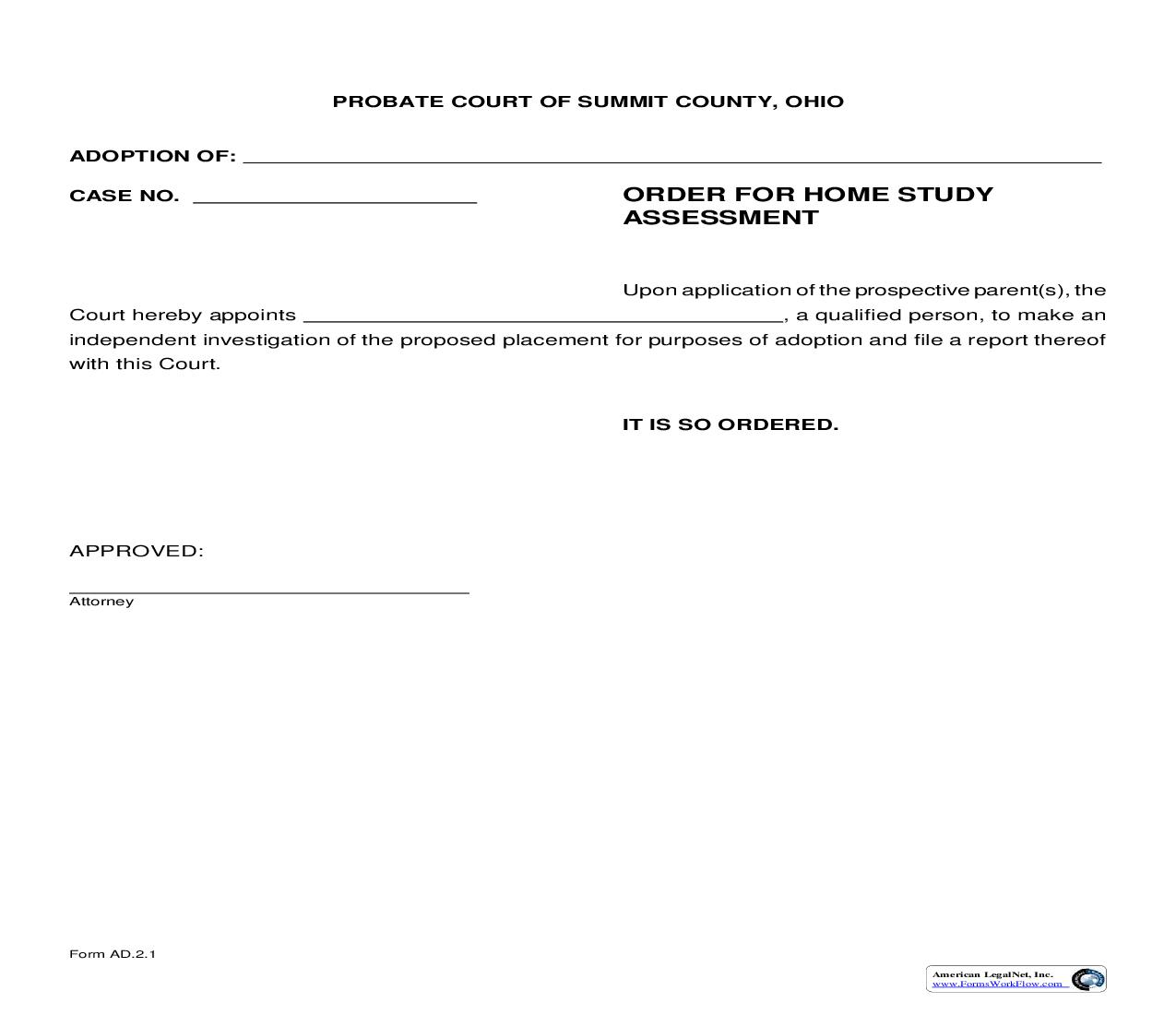 Order For Home Study Assessment {AD-2.1} | Pdf Fpdf Doc Docx | Ohio