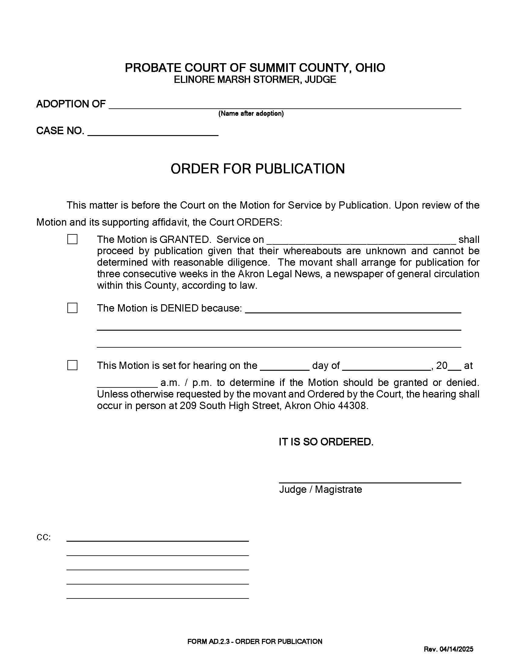 Order For Publication {AD-2.3} | Pdf Fpdf Doc Docx | Ohio