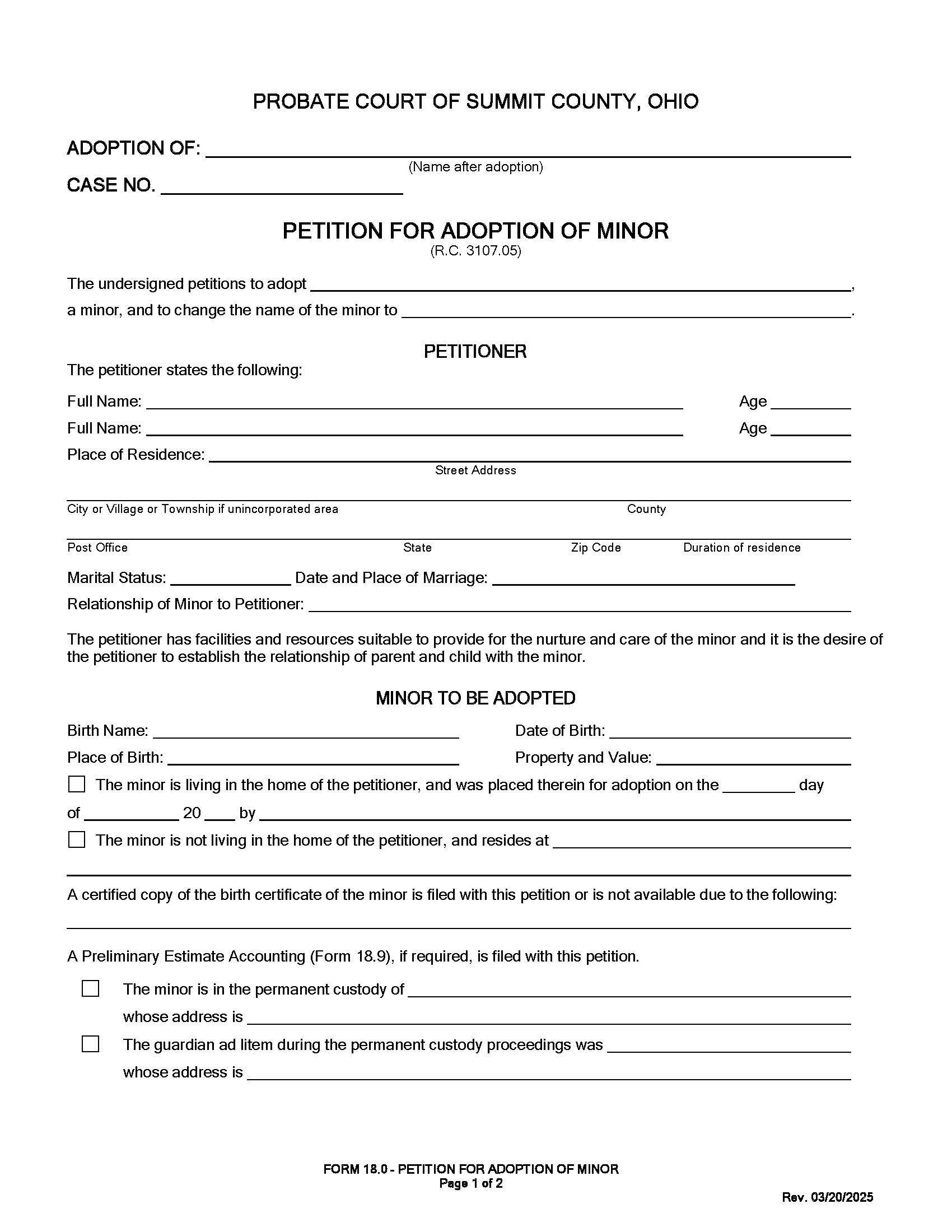 Petition For Adoption Of Minor {18.0} | Pdf Fpdf Docx | Ohio