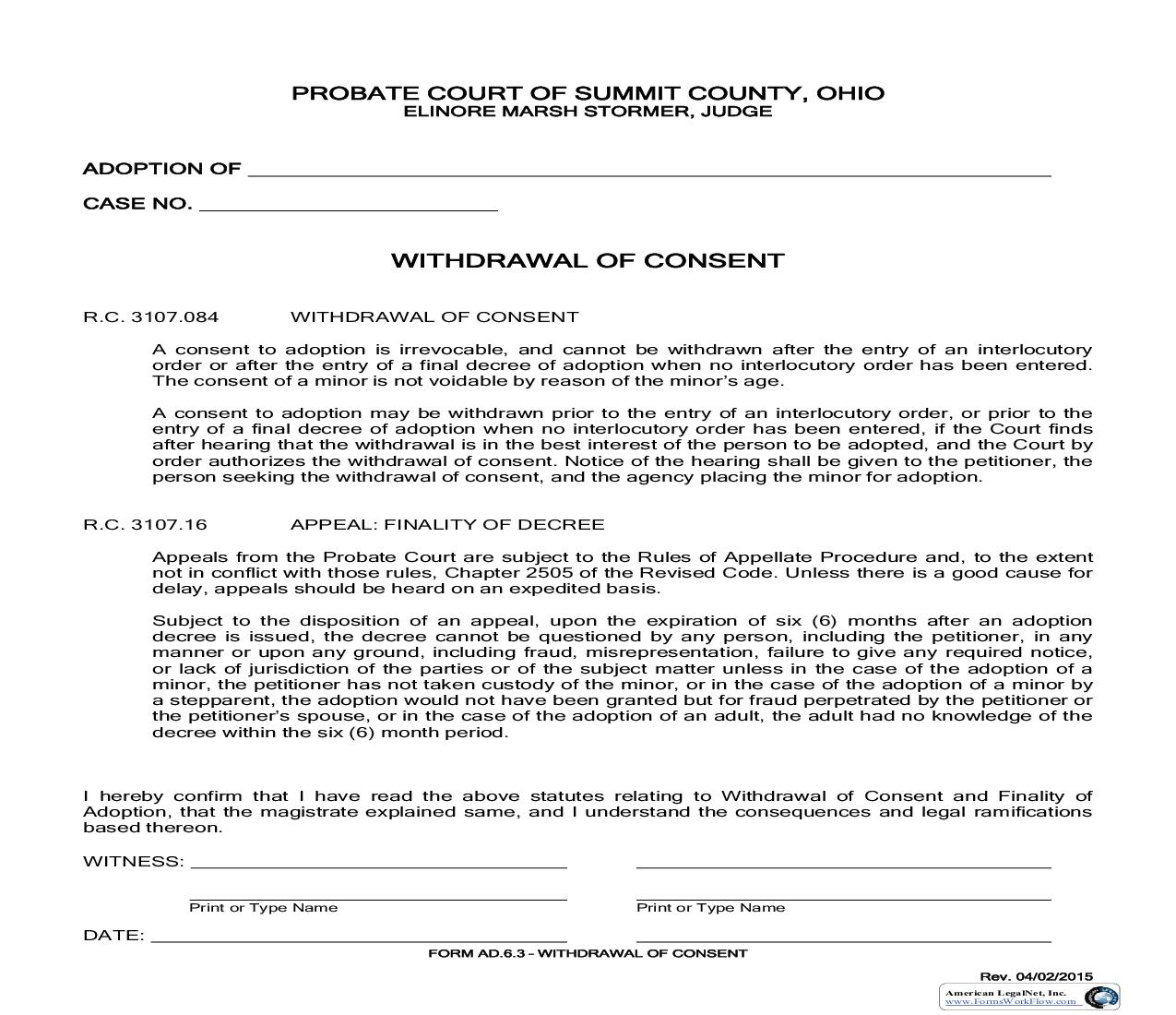 Withdrawal Of Consent {AD-6.3} | Pdf Fpdf Doc Docx | Ohio